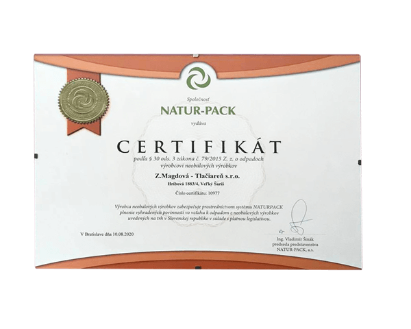 Tlačiareň Kušnír Prešov - certifikát 2 Natur Pack
