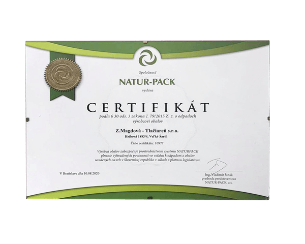 Tlačiareň Kušnír Prešov - certifikát Natur Pack